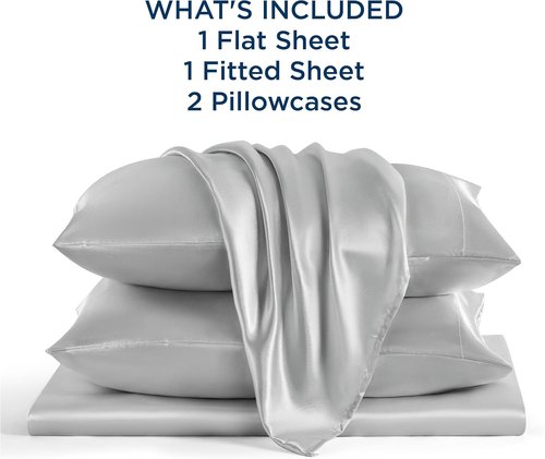 Bedsure Satin Sheets - Luxurious Silver Grey Bundle with Comforter & Duvet Insert - Soft & Elegant