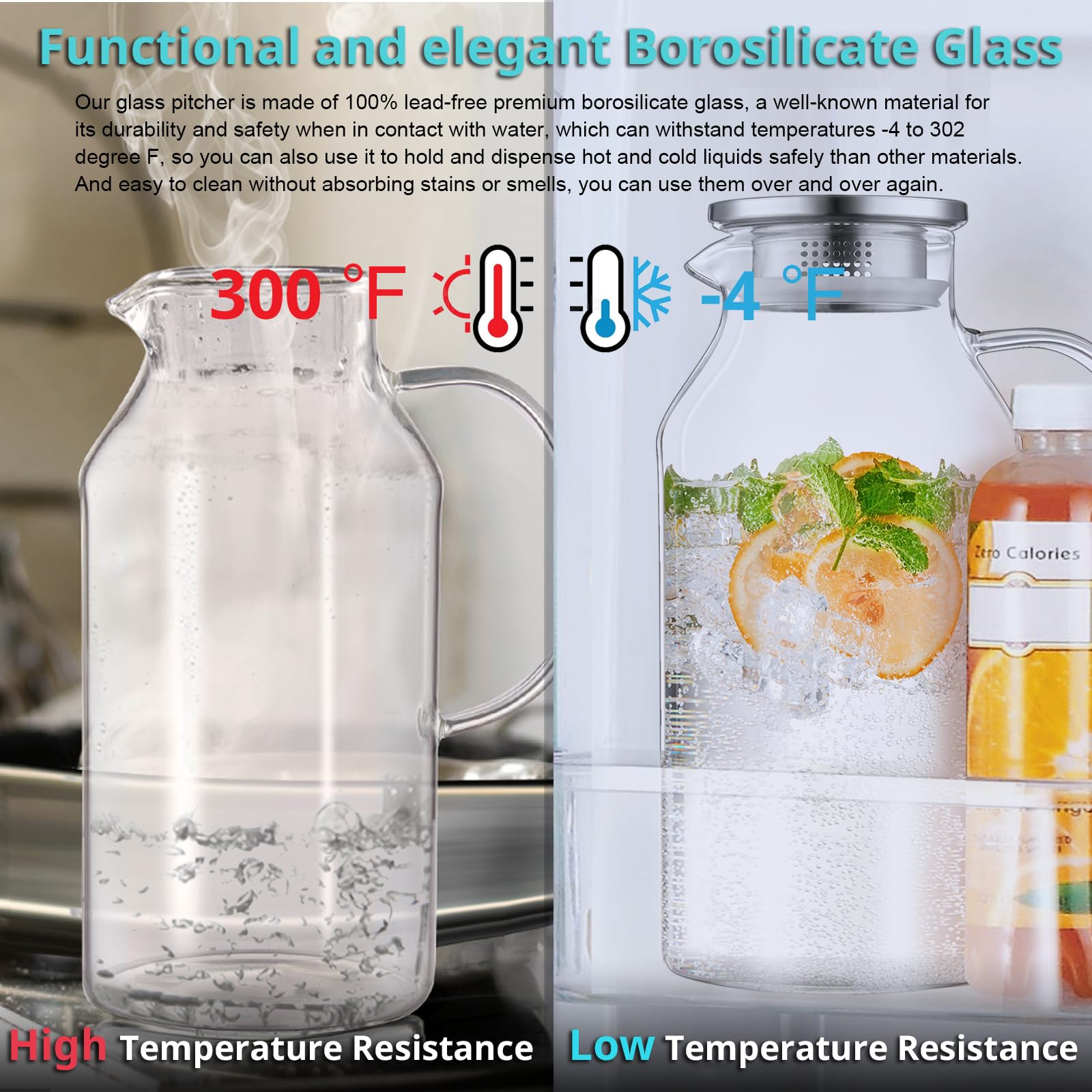 Bivvclaz 2.6 Liter 88 oz Glass Pitcher with Lid and Handle, Glass Water Carafe for Hot/Cold Water, Iced Tea Pitcher, Large Pitcher for Coffee, Juice and Homemade Beverage