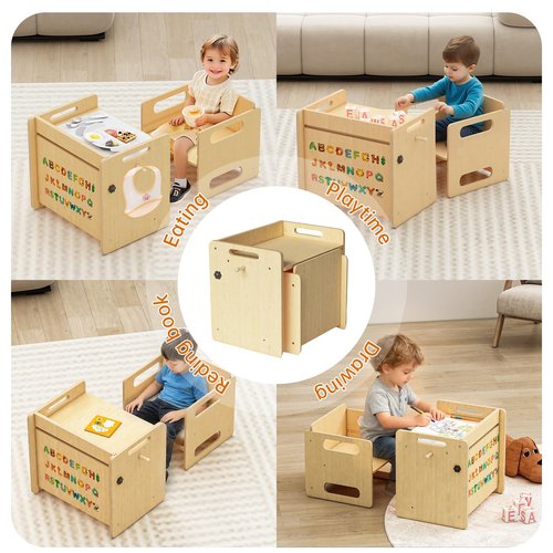 Acenova Montessori Weaning Table and Chair Set, Wooden Weaning Toddler Kids Table with Hook for Toddlers, Montessori Furniture for Reading, Snacks, Play, Learning & Activity Time Kids Toddler Desk