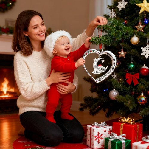 Baby's First Christmas Ornament 2025 My 1st Christmas Decorations 2025 Newborn Keepsake Gifts for Girl Boy Silver Heart with Hanging Bear Moon Star