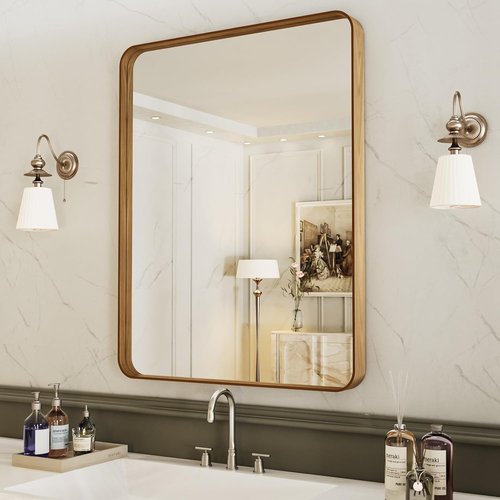LOAAO Bathroom Mirror - 20X30 Inch Rounded Rectangle Design with Wood Grain Metal Frame | Anti-Rust, Versatile Hanging Options