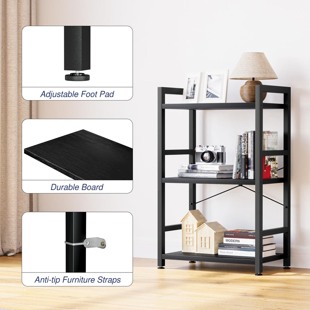 NUMENN 4 Tier Small Bookshelf, Industrial Bookcase Shelf Storage Organizer, Modern Book Shelf for Bedroom, Living Room and Home Office, Black