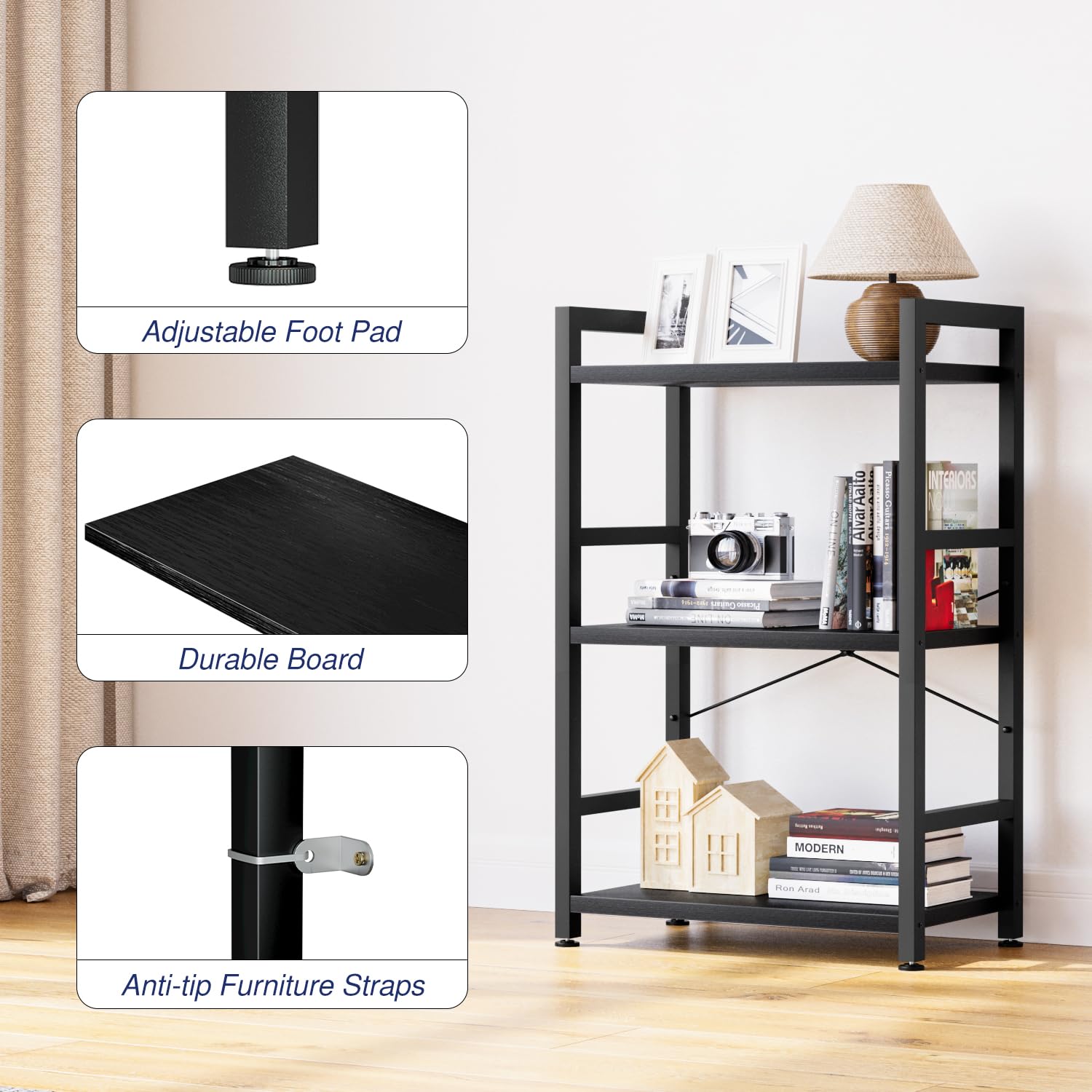 NUMENN 4 Tier Small Bookshelf, Industrial Bookcase Shelf Storage Organizer, Modern Book Shelf for Bedroom, Living Room and Home Office, Black