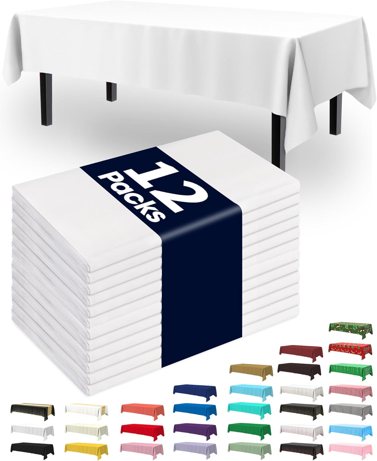 Pureegg Disposable Plastic Tablecloths - 12 Pack, 54 x 108 Inch, Leakproof & Sturdy for Parties, Picnics, Weddings - White