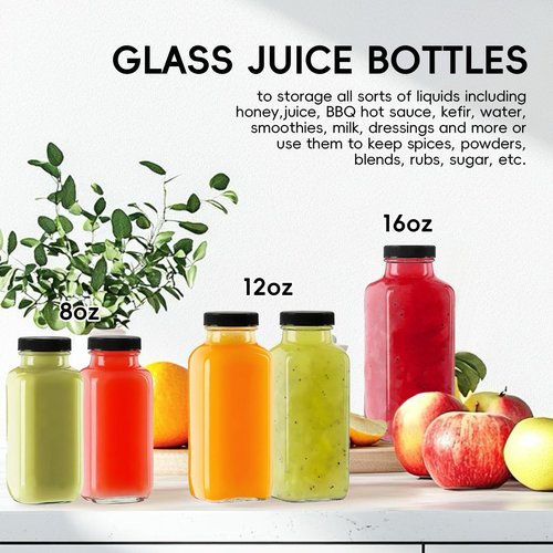 Yokodaza 8 oz Glass Juice Bottles with Lids 12-Pack - Reusable Small Juice Drinking Jars for Green Juices, Shots & Smoothies