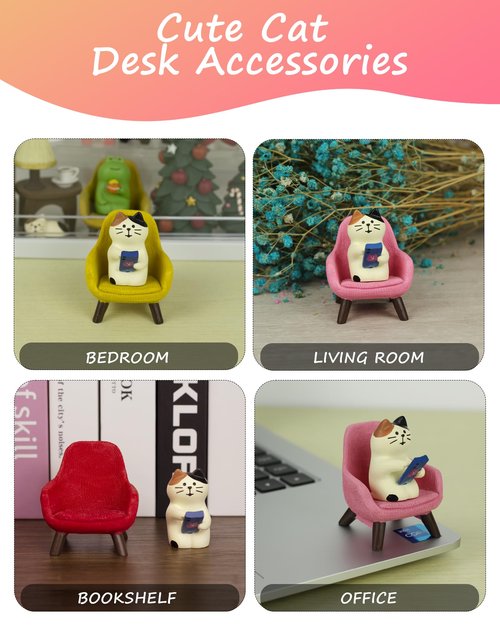Refintural Cute Cat Playing Phone on Sofa Resin Figurine Desk Decor & Cat Lover Gift (Pink Sofa)