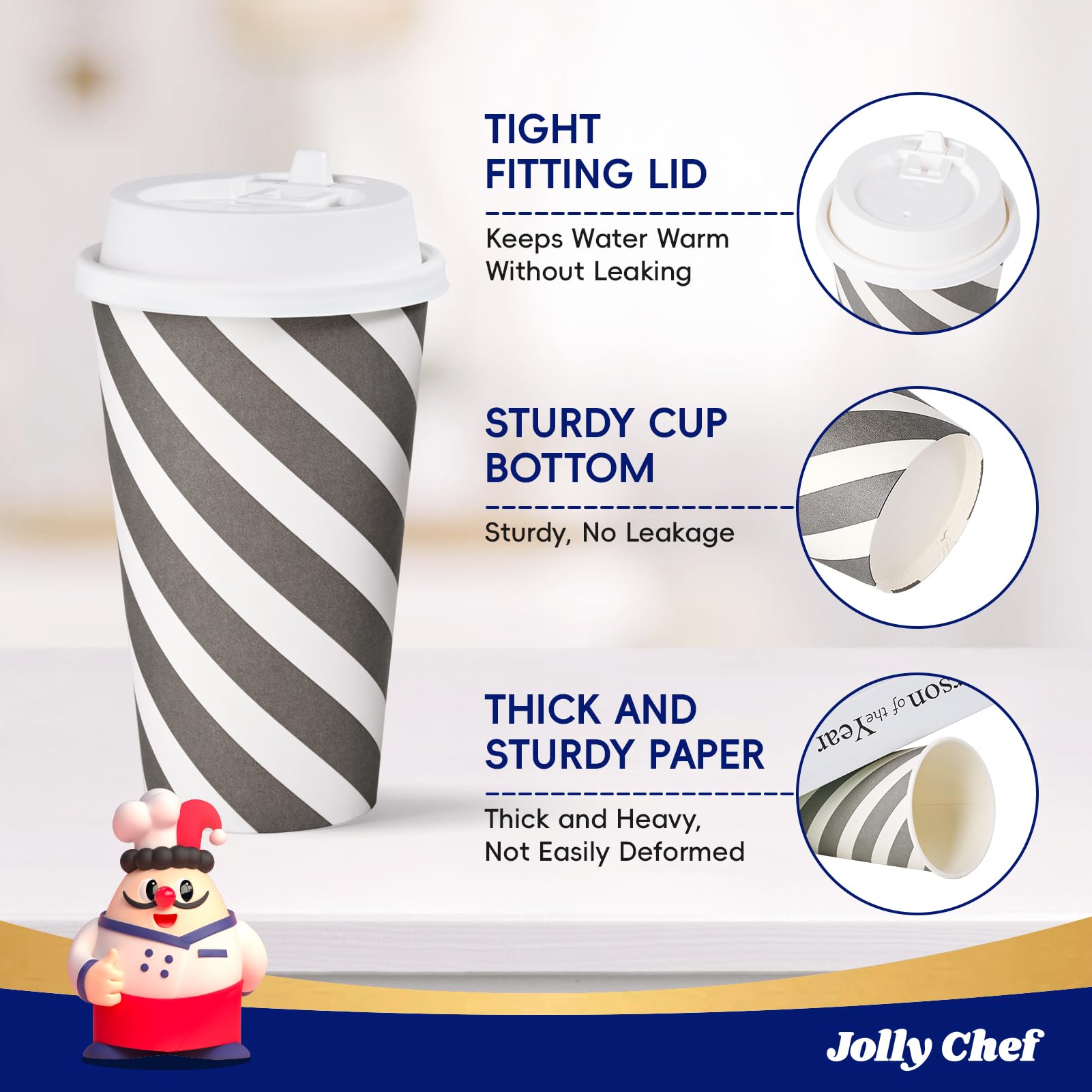 JOLLY CHEF 100 Pack 16 oz Paper Coffee Cups, Disposable Printed Hot Cups with Lids for Home, Business, Restaurant and Cafe (Stripes and Grey)
