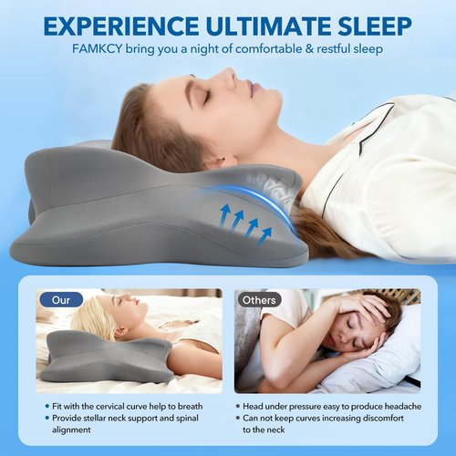Cervical Pillow for Neck Pain Relief, Ergonomic Memory Foam Pillow with Ice Silk Pillowcase, Adjustable Contour Neck Support Pillow for Side Back Stomach Sleepers
