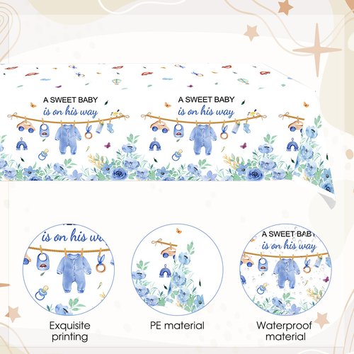 3 Pcs Baby Shower Decorations Boy A Sweet Boy is On His Way Party Supplies Blue Table Cover,Gender Reveal Table Cloths Decorations,55in x 86in
