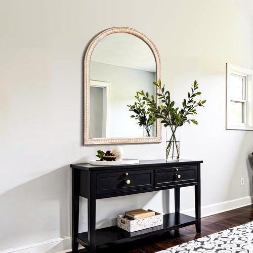 AMOISE Arched Vanity Wall Mirror 36 x 24 Inch Beaded Wood Frame Boho Farmhouse Decorative Mirror for Bathroom Bedroom Entryway Living Room