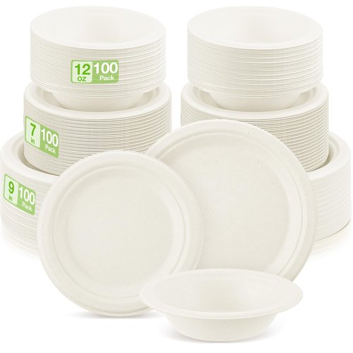 Havawish 300 Pcs White Compostable Paper Plates and Bowls Set 7 Inch 9 Inch Disposable Plate 12oz Biodegradable Bowls for Party Dinner Bulk Party Supplies