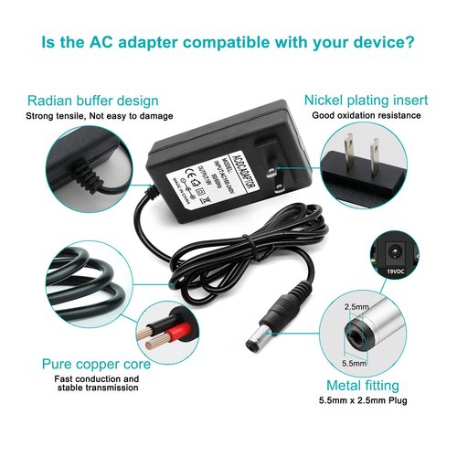 19V AC DC Charger Power Cord Compatible for Eufy RoboVac 11S 12 15C 25C 30C 35C, Pure Clean PUCRC 15 25 26B 90, Coredy Robotic R580 R650 R750 G800, ILIFE V3s Pro A4s Pro V5s Pro Robot Vacuum Cleaner