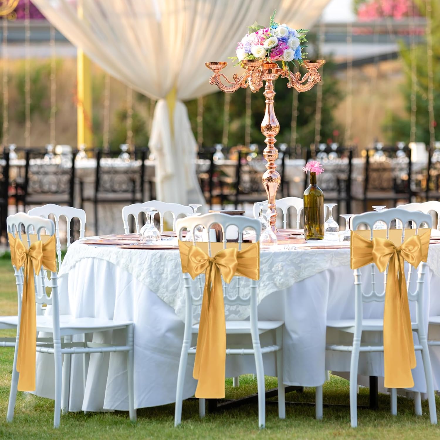 Skiennix Gold Satin Chair Sashes - Elegant Bows for Weddings & Events | 10 PCS, 7x108 Inch