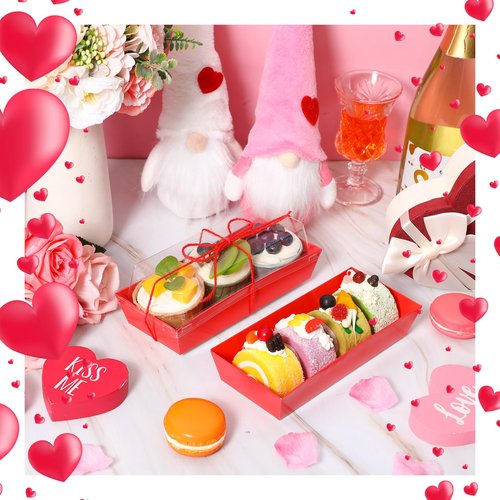 Ziliny 200 Pcs Red Dessert Treat Boxes with Clear Lids & Rope, 7.5" Rectangle Bakery Display Boxes for Cookies Cupcakes Macarons, Wedding Favor, Mother's Day Treats