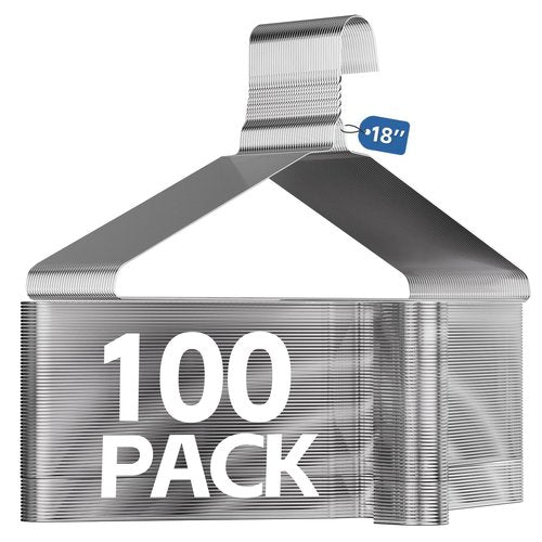 SPECILITE 18 Inch Wire Metal Clothes Hangers Bulk 100 Pack for Large Size Suits, Coats, Shirts, Pants, Skirts, Space Saving, Non Slip,12 Gauge Ultra Thin, Silver