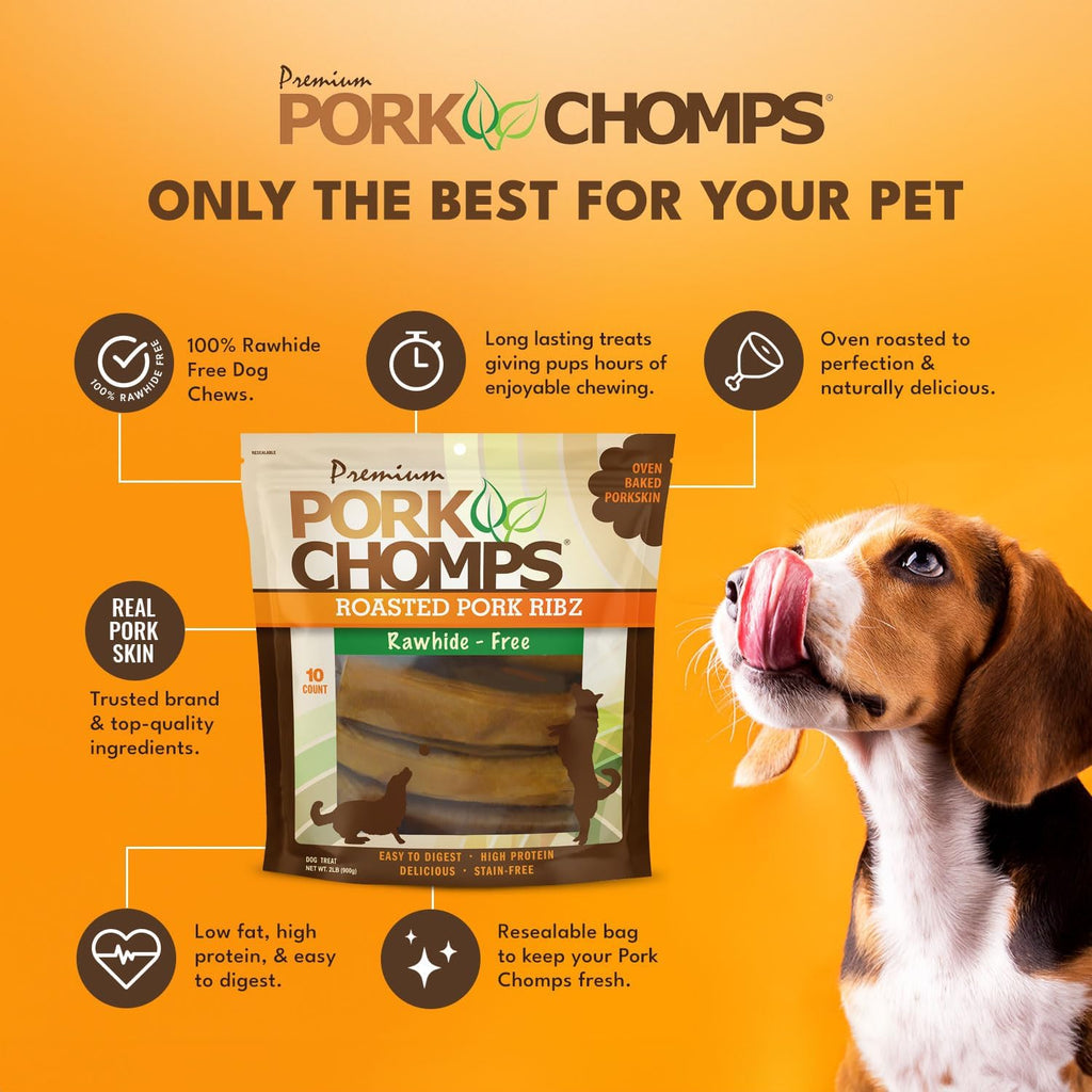 Pork Chomps Roasted Pork Skin Dog Chews - Long-Lasting, High Protein, Rawhide-Free | 6 Inch Rib Shapes, 10 Count