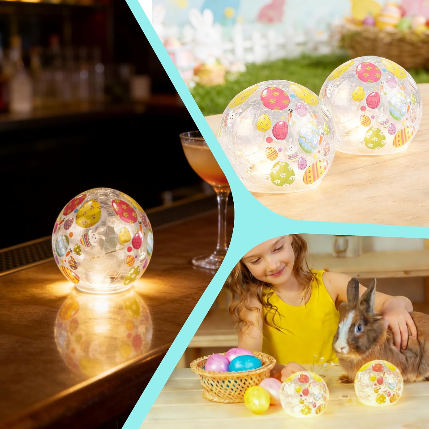 Skiennix Easter Glass Ball Lights - 2PCS 3.93'' LED Bunny Egg Decorations | Battery Operated Tabletop Lamps