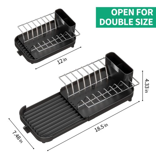 Small Dish Drying Rack - Expandable Compact Dish Drainer (12"-18.5") , Narrow Dish Rack for Kitchen Counter with Cutlery Holder, Space Saving Plate Rack, Dishes Holder Tray for Sink Countertop, Black