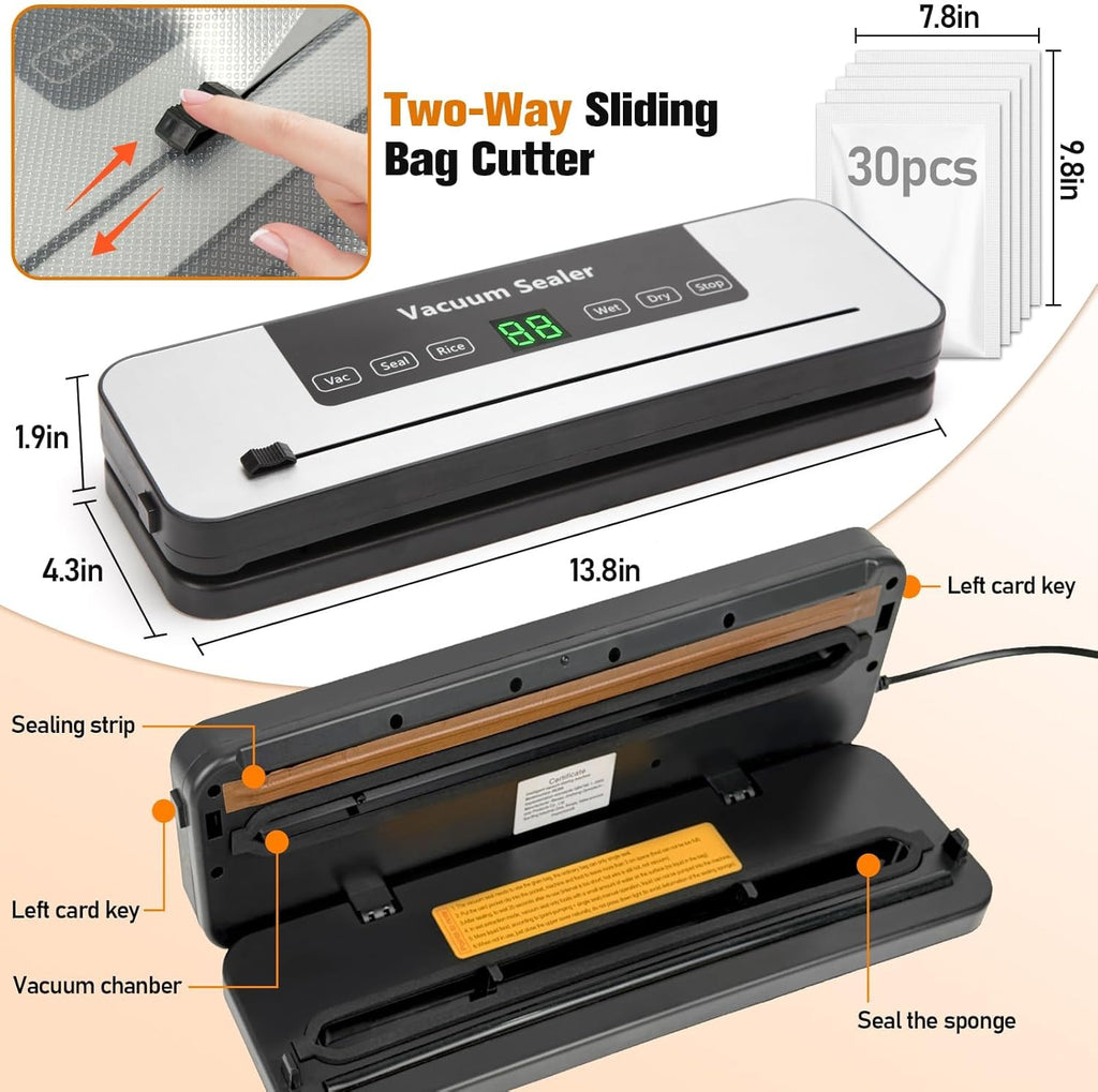 Vacuum Sealer Machine - Skiennix 6-in-1 Automatic Food Sealer with Built-in Cutter & 30 Bags | Compact for Freezer Preservation