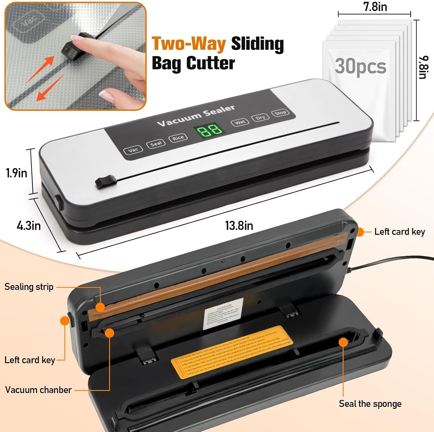 Vacuum Sealer Machine - Skiennix 6-in-1 Automatic Food Sealer with Built-in Cutter & 30 Bags | Compact for Freezer Preservation