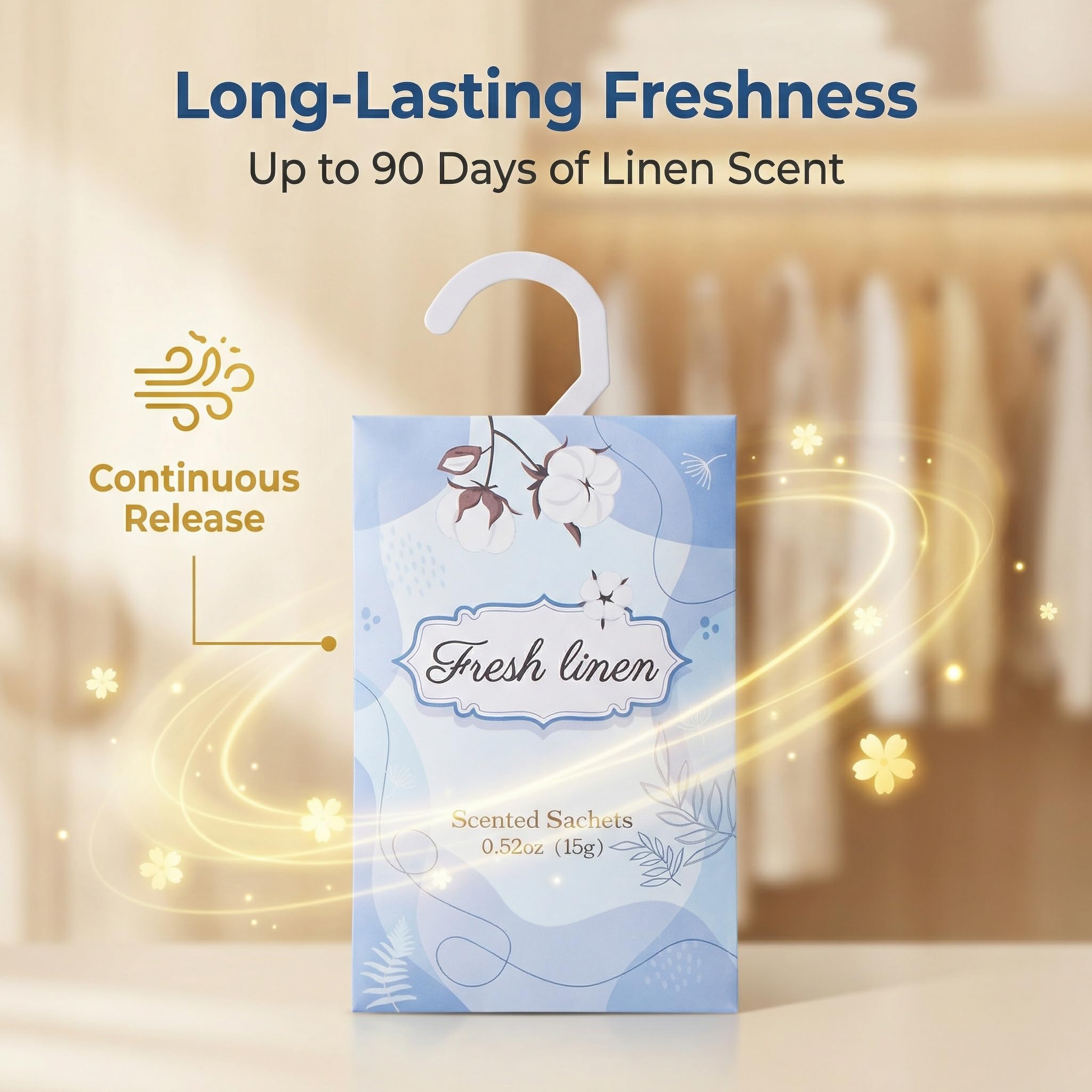 Wifadtoop 12 Packs Fresh Linen Hanging Scented Sachets for Drawers and Closets with Retractable Hook| Long-Lasting Closet Air Freshener & Closet Deodorizer | Closet Scent Freshener (Fresh Linen)