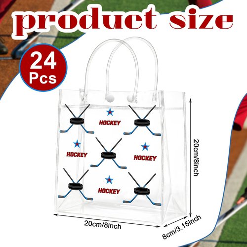 Locmeo 24 Pcs Hockey Clear Goodie Bag with Handles PVC Sport Theme Candy Treat Bags Bulk for Sports Team Gifts Birthday Party Favors, 8 x 8 x 3.15 Inches