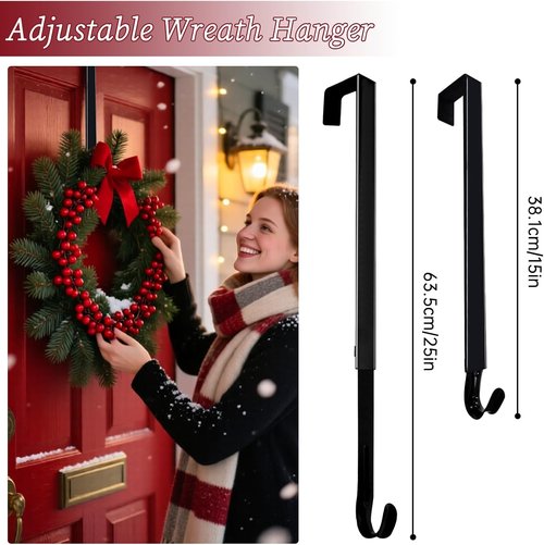DZZ Adjustable Black Wreath Hanger - 15 to 25 Inch Door Hook for Christmas Decor | 20 lb Capacity