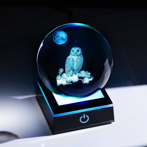 Arikyrist 3D Owl Crystal Ball Figurine - LED Base Night Light | Perfect Gift for Owl Lovers (80mm)