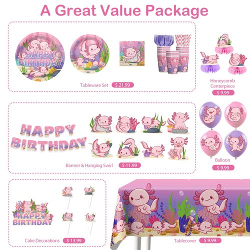 Xynic Axolotl Birthday Decorations Pink Axolotl Party Decorations Cake Cupcake Topper Balloons Banner Plates and Napkins Table Cloth Axolotl Party Supplies for Girls Cartoon Fun Animal Party