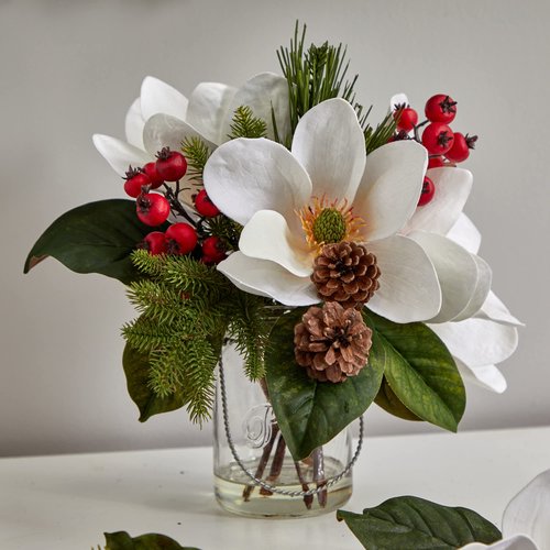 Nearly Natural Magnolia, Pine, and Berry Holiday Arrangement in Glass Vase