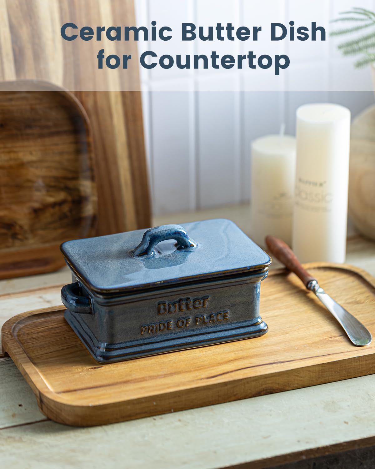 Zoeeker Butter Dish with Lid, Porcelain Butter Dish for Countertop Large Butter Keeper Butter Holder Container for East West Coast Butter, Farmhouse Decor for Mother's Day, Blue