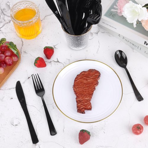 ALEXPRE 300 Pack Black Disposable Plastic Silverware Heavy Duty,Black Cutlery Set, Plastic Forks and Spoons Knives Utensils Set for Birthday Party Prom Night,Weddings,Halloween
