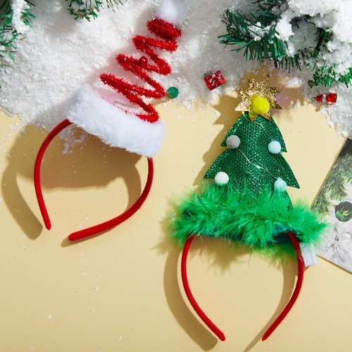 JOYIN 2 PCS Lighted Christmas Headbands with LED lights in Springy Santa Hat Tree Designs for Christmas and Holiday Parties (ONE SIZE FIT ALL)
