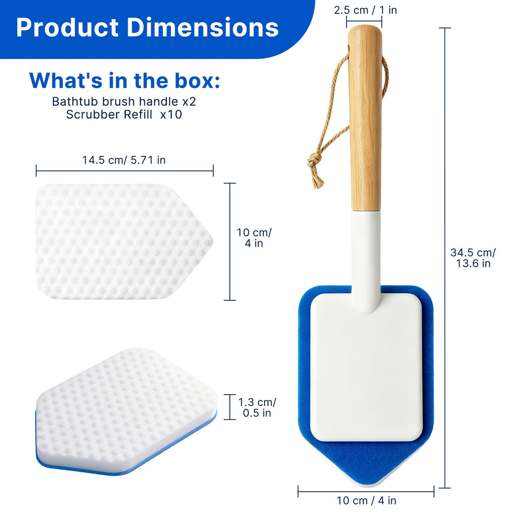 Tub Tile Scrubber Brush – 2 Pack with Wooden Handle, Includes 10 Melamine Sponge Eraser Heads | Non-Scratch Cleaner for Bathtub, Shower Wall, Grout, Kitchen Sink