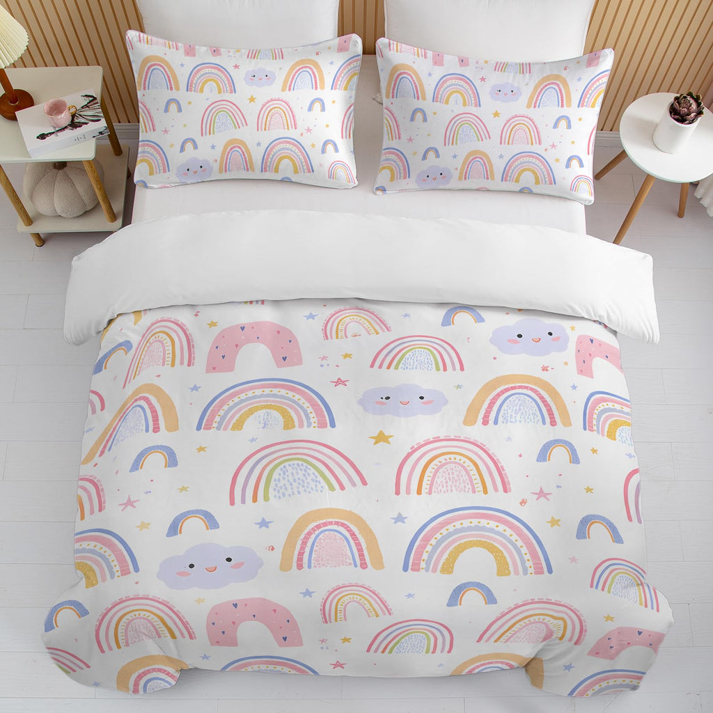BEDMUST Rainbow Full Duvet Cover Set for Girls Pink and Yellow Rainbow Star Duvet Cover 3 Piece with 2 Pillow Shams(1 Duvet Cover and 2 Pillow Shams)