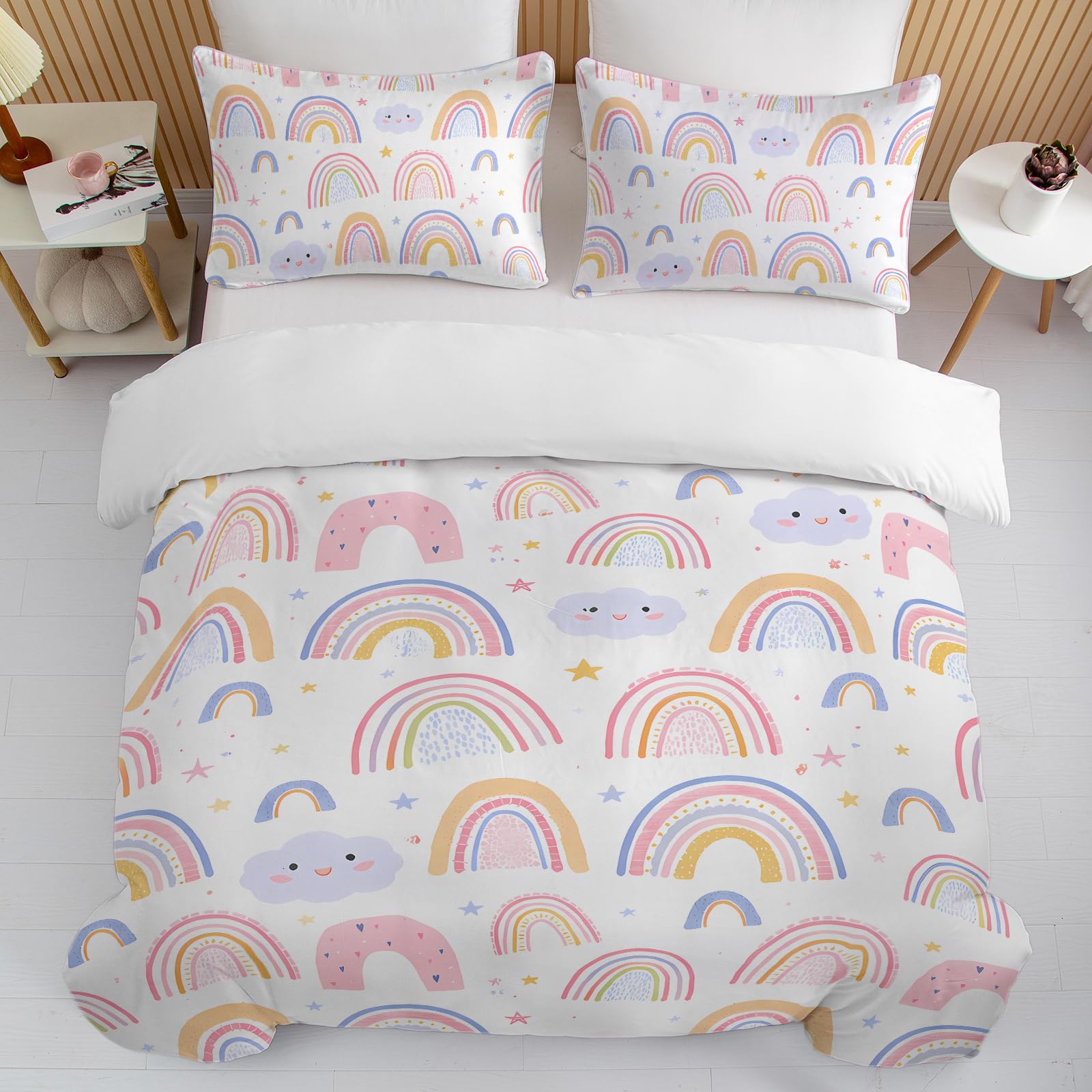 BEDMUST Rainbow Full Duvet Cover Set for Girls Pink and Yellow Rainbow Star Duvet Cover 3 Piece with 2 Pillow Shams(1 Duvet Cover and 2 Pillow Shams)