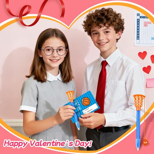24 Pcs Valentine’s Day Basketball Hoop Pens Bulk with Greeting Cards Basketball Themed Party Favors Sport Novelty Pens School Classroom Office Gifts Exchange Goodie Bag Stuffers for Kids Teens Adults