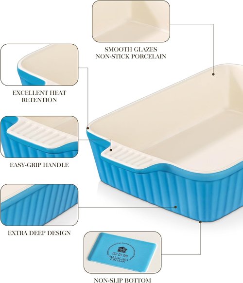 MALACASA 4.4 QT Baking Dish - Durable Ceramic Casserole Pan with Handles | 9x13 Blue Lasagna Dish