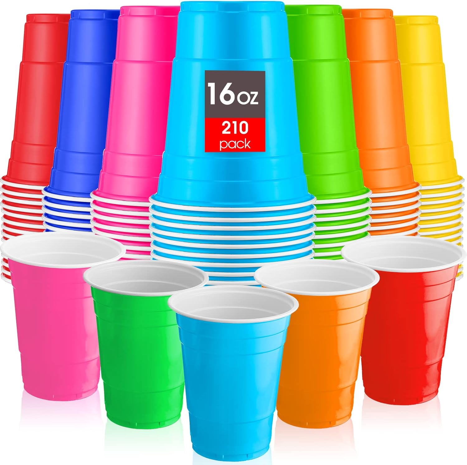 Xinnun 210 Pack Colored Plastic Cups - 16 oz Rainbow Disposable Party Cups | Assorted Colors for Events