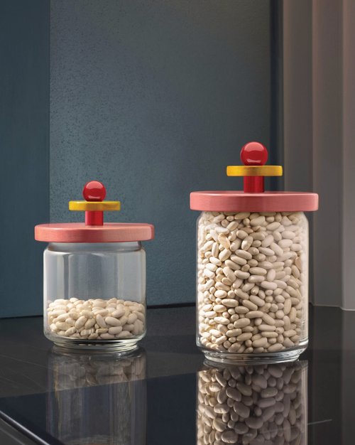 Alessi Mr. Sottsass I Suppose ES16 / 75 2 - Design Hermetic Glass Jar with Lid in Beech, Pink, Red and Yellow Wood