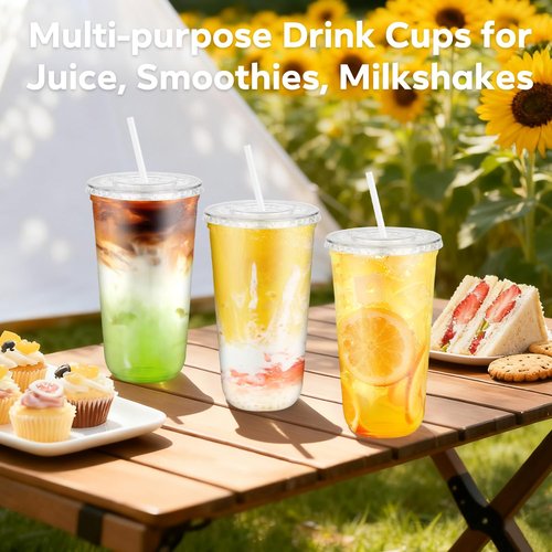 100PCS 20 oz Disposable Plastic Cups with Flat Lids and Clear Straws, Round Bottom To Go Iced Coffee Cups, BPA Free Holiday Cups for Smoothies, Cold Drinks, Coffee Shop, Juice Bars, Christmas Party