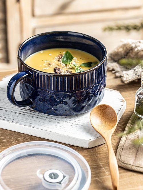 Gomakren Soup Bowl with Handle 39oz, Microwave Ramen Bowl with Lid, Ceramic Soup Container Mug Cup for Ramen Cereal Office Lunch Dorm, Cobalt Blue