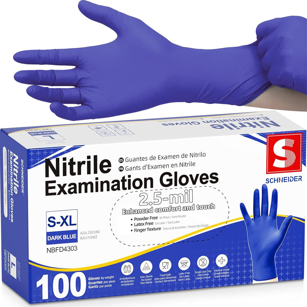 Schneider Nitrile Exam Gloves - Dark Blue, Disposable, Latex-Free & Powder-Free for Food Safety