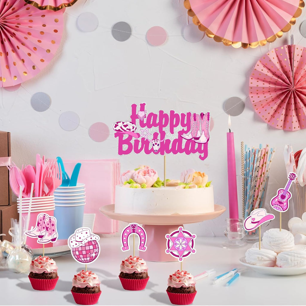 Skiennix Disco Cowgirl Cake Topper - Hot Pink Western Birthday Decoration for Women | Retro Rodeo Theme