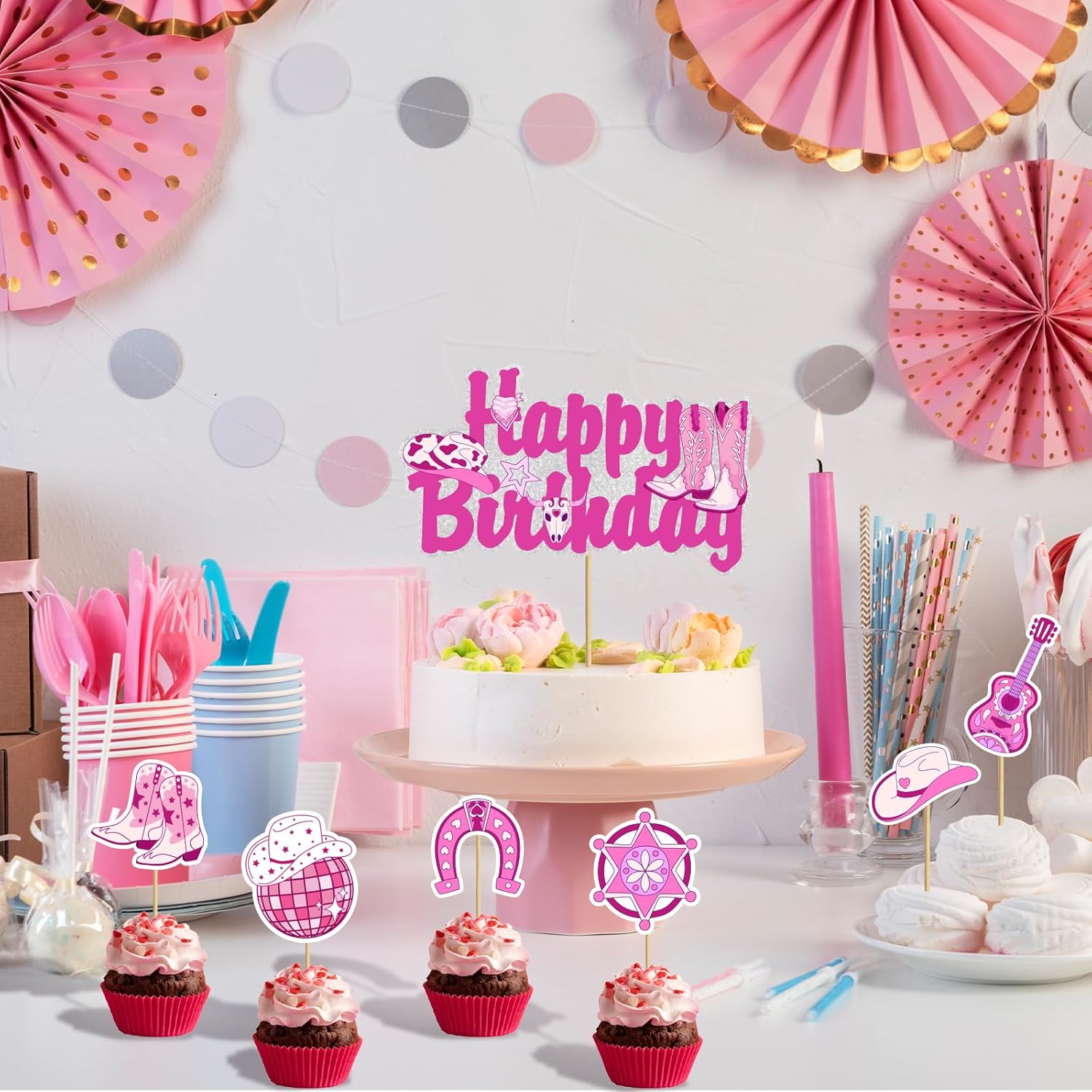 Skiennix Disco Cowgirl Cake Topper - Hot Pink Western Birthday Decoration for Women | Retro Rodeo Theme