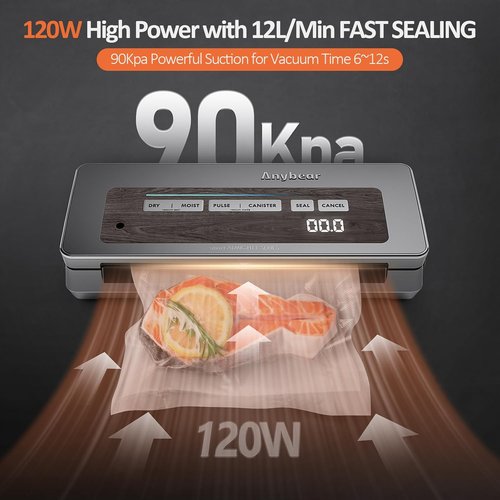 Anybear Vacuum Sealer Machine - 90kPa 120W All-in-One Food Storage with Built-in Cutter | Includes 2 Bag Rolls & 5 Pre-Cut Bags (Gray)