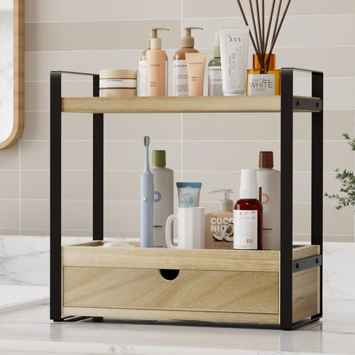 Boulphia 2-Tier Bathroom Organizer Countertop with Drawer, Wood Bathroom Counter Shelf for Storage, Vanity Organizer Countertop for Kitchen, Office