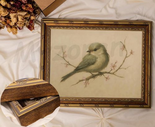 Myzoran Gold Framed Bird Canvas Wall Art - Vintage Aesthetic Cherry Blossom Print | 9x11in for Living Room & Nursery Decor