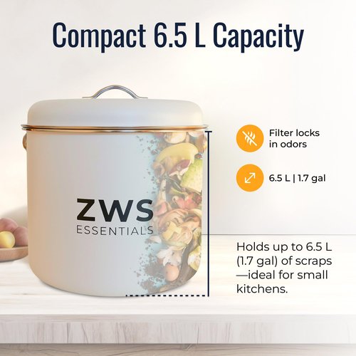 ZWS Essentials White Stainless Steel Compost Bin | 6.5L Odor-Free Kitchen Countertop Food Scrap Pail with Charcoal Filter | Compact Zero Waste Solution for Home and Apartment Kitchens