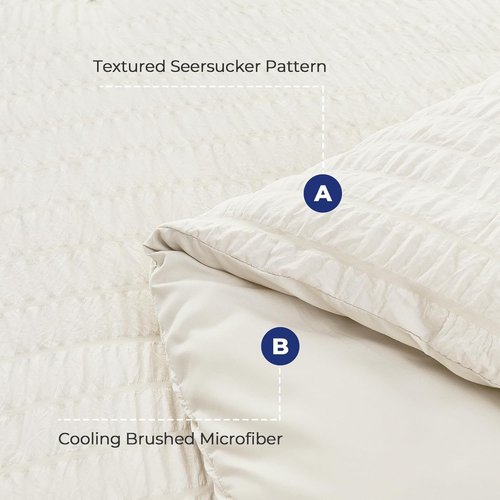 HYMOKEGE California King Comforter Set - 7-Piece Ivory Seersucker Luxury Bedding for All Seasons